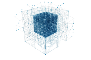 A digital cube composed of intricate blue lines and nodes, representing a network or data structure in a 3D space. png
