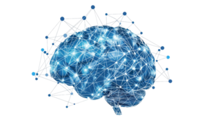 A digital representation of a brain, connected by glowing lines and nodes, symbolizing neural networks and cognitive processes. png