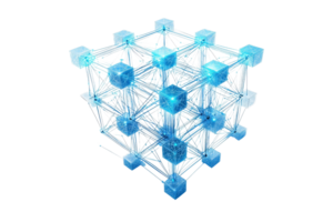 A three-dimensional grid structure featuring interconnected cubes, highlighted in shades of blue, creating a digital, futuristic appearance. png