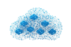 A stylized cloud shape composed of interconnected blue nodes representing data or network connectivity. png
