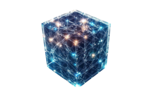 A glowing, cubic object featuring intricate patterns of light, symbolizing connectivity and data visualization. png