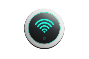 A circular device displaying a glowing Wi-Fi symbol, indicating connectivity and signal strength. png