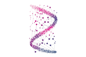 A striking representation of a DNA double helix, showcasing intertwining strands with vibrant colors and connected nodes. png