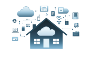 A house icon surrounded by cloud and digital connectivity symbols, representing smart home technology and cloud computing. png
