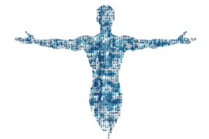A digital figure with outstretched arms composed of binary code, symbolizing technology and data integration. png