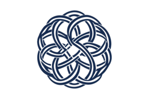 A circular, intricate design featuring interwoven loops, creating a continuous knot-like pattern. png