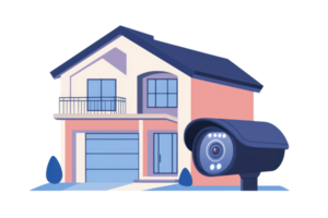 A modern house with a security camera installed, featuring multiple windows and a balcony. png