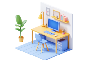 A cozy, modern workspace featuring a desk with a computer, lamp, and books, complemented by a chair and a potted plant. png