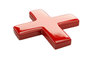 A shiny red cross symbol with a glossy finish, representing various themes such as addition, faith, or medical contexts. png