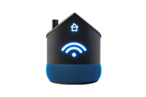 A smart speaker designed as a house with glowing signals for Wi-Fi connectivity and voice commands. png
