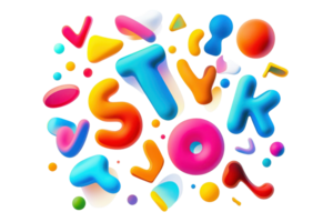 Colorful, playful letters and shapes in various styles create a vibrant design, emphasizing creativity and fun. png