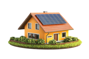 A vibrant yellow house featuring solar panels on the roof, surrounded by greenery, showcasing a modern and eco-friendly design. png