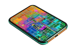 A vibrant smartphone with a colorful mosaic display showcasing various graphics and patterns. png