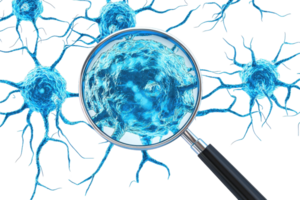 A magnified view of a blue neuron cluster showcasing intricate structures. png