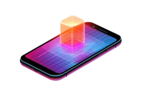 A smartphone displaying a glowing cube above a grid pattern, highlighting digital innovation and technology. png