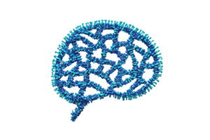 A stylized representation of a brain, composed of interwoven blue structures, symbolizing complexity and neural connections. png
