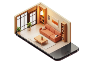 A smartphone shows a cozy interior space featuring a sofa, coffee table, and decorative elements, creating a warm, inviting atmosphere. png