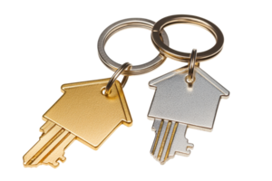 Two house-shaped keys on keyrings, one gold and one silver, symbolizing home ownership and security. png
