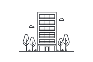 A simple line drawing of a tall building surrounded by trees, featuring multiple windows and a modern architectural style. png