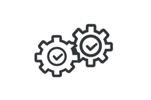 Two interlocking gears with checkmarks, symbolizing efficiency and successful operation. png