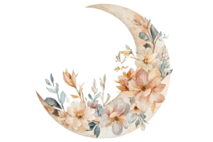 A crescent moon adorned with delicate flowers and leaves, creating a harmonious blend of nature and celestial elements. png