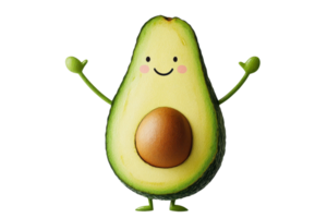A cheerful, cartoonish avocado with arms and a smiling face, featuring a brown seed in its center. png