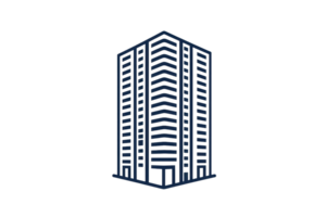 A stylized, modern skyscraper design highlighting its geometric features and vertical lines. png