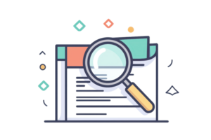 A digital illustration featuring a magnifying glass overlaid on a document, symbolizing search and analysis. png