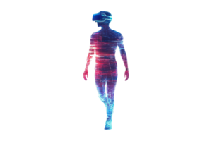 A futuristic figure wearing a VR headset walks forward, composed of vibrant lines and colors, embodying technology and digital experience. png