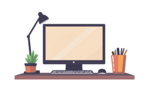 A modern desk setup featuring a computer monitor, keyboard, lamp, potted plant, and a container filled with stationery items. png