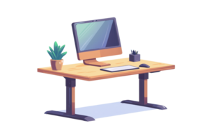 A modern desk featuring a computer monitor, keyboard, and potted plant, designed for a workspace environment. png