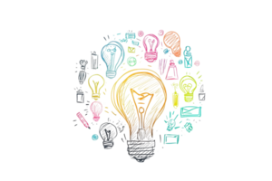 A colorful illustration of a light bulb surrounded by various drawn objects, symbolizing creativity and ideas. png