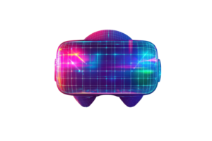 A futuristic virtual reality headset with vibrant, colorful lights and a grid pattern, symbolizing advanced technology and immersive experiences. png