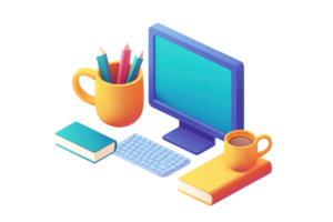 A colorful desk setup includes a computer, keyboard, books, and mugs filled with pens and coffee. png