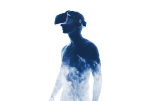 A silhouette of a person wearing a virtual reality headset, with a cloudy texture representing an immersive digital experience. png