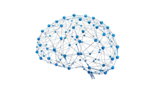A digital representation of a brain structure connected by a network of blue nodes, symbolizing neural connections and cognitive processes. png