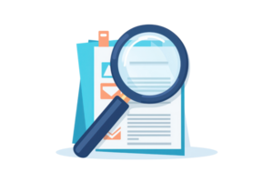 A magnifying glass over a document or report with checkmarks, indicating review or analysis. png