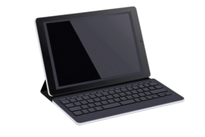A sleek tablet with a keyboard attachment, ideal for productivity and entertainment, featuring a smooth design and modern aesthetics. png