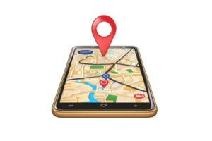 A smartphone displaying a map with a prominent location pin highlighted on the screen. png