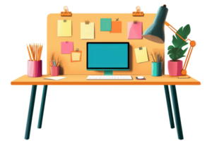 A colorful desk setup featuring a computer, pens, sticky notes, and a plant, designed for a creative workspace. png