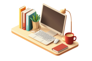 A stylized workspace featuring a computer, keyboard, books, a plant, and a coffee cup, creating an inviting study atmosphere. png