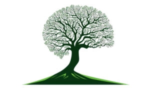 A stylized green tree with a broad canopy and sturdy trunk, set on a sloped base. png