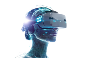 A futuristic virtual reality headset worn by a digital humanoid figure, surrounded by glowing data points and technology-inspired elements. png
