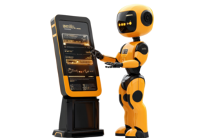 A futuristic robot engaging with a digital display, showcasing a vibrant orange and black design, suggesting interaction with technology. png