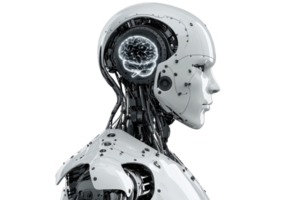 A humanoid robot head showcasing intricate circuitry and a glowing brain design. png