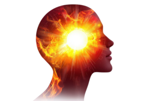 A silhouette of a human head with a fiery explosion at the forehead, symbolizing enlightenment and powerful thoughts. png