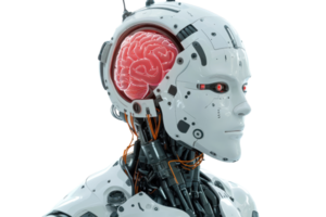 A futuristic robotic figure with a visible brain, showcasing advanced technology and intricate design elements. png