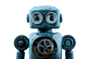 A vintage robotic figure with large eyes and exposed gears, displaying a classic, nostalgic design in a blue color scheme. png
