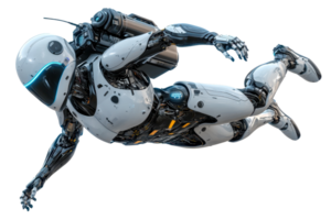 A futuristic robot astronaut equipped with a jetpack, showcasing advanced technology and a sleek, humanoid design in a dynamic flying pose. png