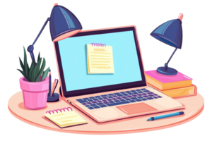 A stylish workspace with a laptop, desk lamps, a plant, sticky notes, and books neatly arranged on a round desk. png